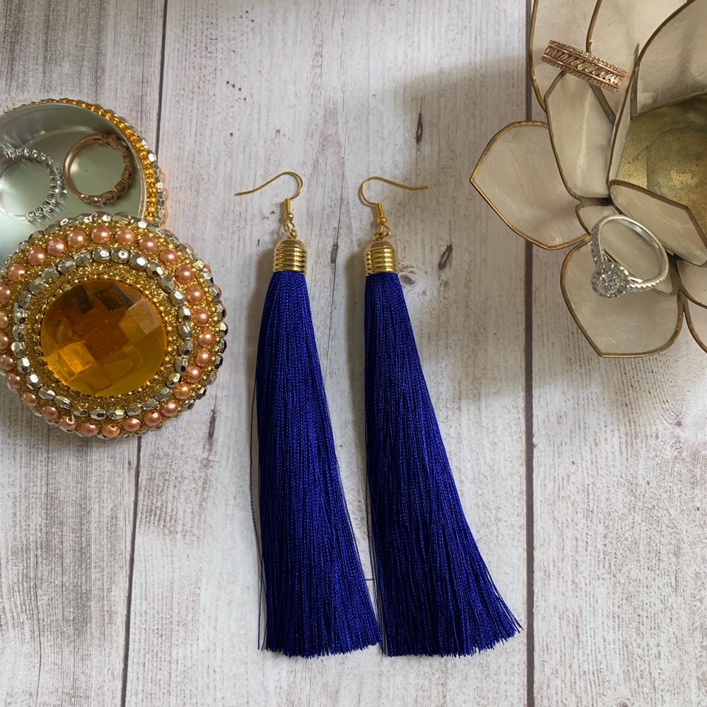 Blue Tassel Drop Earrings - Picture 2 of 7